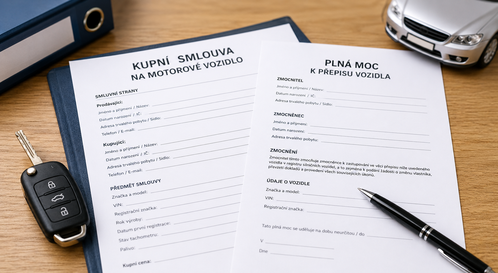 Kupní smlouva na auto 2026 a plná moc k přepisu vozidla: vzory ke stažení